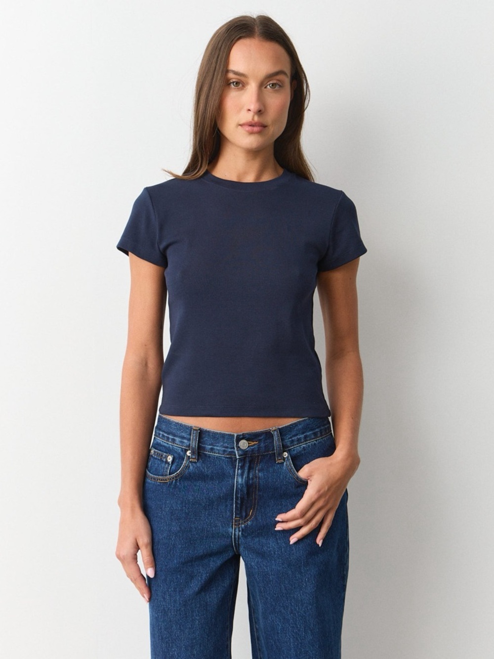 Glassons Classic Navy Ribbed Crewneck Cropped Tee | Size Small